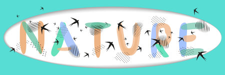 Hand lettering Nature framed oval, flock of birds, decorative blots, sand. Drawn letters. Spots, dotted strokes. Vector illustration of pastel soft colors.のイラスト素材