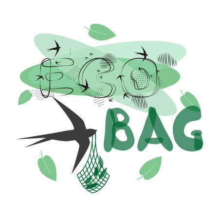Eco bag, hand lettering, tree leaves, bird. Protection of nature symbol, logo. Vector illustration.のイラスト素材