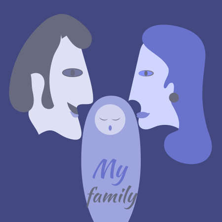 My Family banner happy family composition. Two parents and child. Vector illustration cartoon flat.のイラスト素材