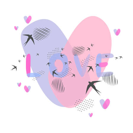 Love romantic doodles hand drawn lettering, background heart. Vector illustration in soft pastel colors, flock of swallows, spots, dot strokes.のイラスト素材