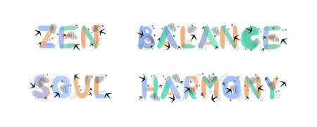 Hand lettering zen, balance, harmony, soul. Set of vector drawings on white background for design of t-shirts, posters, flyers.のイラスト素材