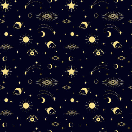 Set of magical items of alchemy and esotericism, stars, planets, sun, moon, third eye. Process of influence of space on fate of person, fortune telling and cards. Seamless vector pattern of tarot cardのイラスト素材