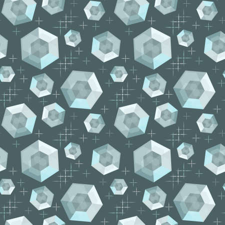 Abstract illustration of falling, flying crystals, magic stones among stars. Seamless vector pattern for design of tarot cards, esoteric sessions, textiles, packaging.のイラスト素材