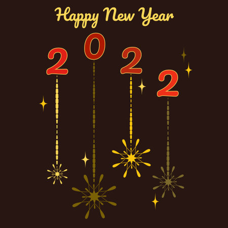 Festive banner Happy New Year, 2022 and decor of snowflakes on pendants, stars on dark background....