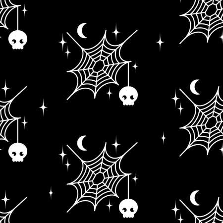 Decorative spider web pattern with spider and night moon, stars. Decor for the holiday of Halloween. Vector illustration for design.のイラスト素材