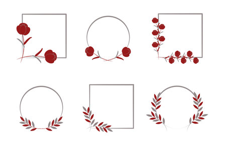 Set of floral frames in form of circle, square. Boards are decorated with flowers, roses, branches with leaves, twigs. Vector illustration for festive, wedding design.のイラスト素材