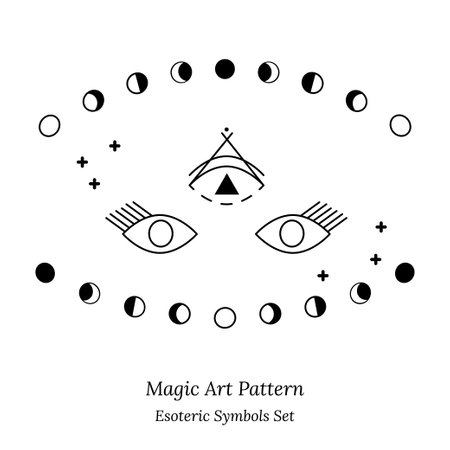 Illustration of spiritual session. Set of magic items, phases of moon, stars. Opening third eye of soul. Vector illustrations in outline style for design of tarot cards, social networks, web pagesのイラスト素材