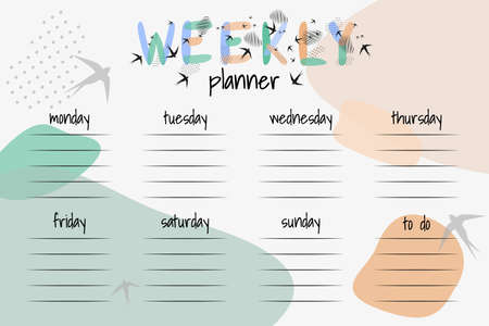 Stylish weekly planner organizer for every day of week in Sandinavian style. Diary template. Natural colors, spots, lines, points, birds. Vector illustration.のイラスト素材