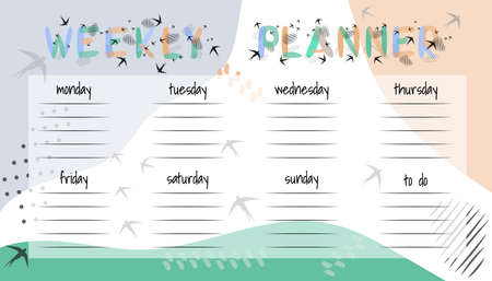 Stylish weekly planner organizer for every day of week in Sandinavian style. Diary template. Natural colors, spots, lines, points, birds. Vector illustration.のイラスト素材