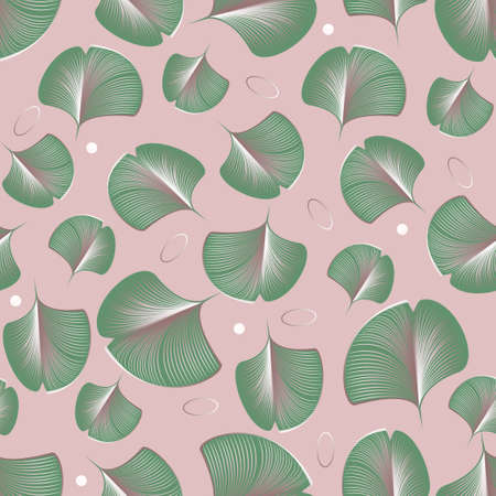 Tropical ginkgo biloba leaves and decor in trendy green and pink. Seamless vector background for textiles, packaging.のイラスト素材