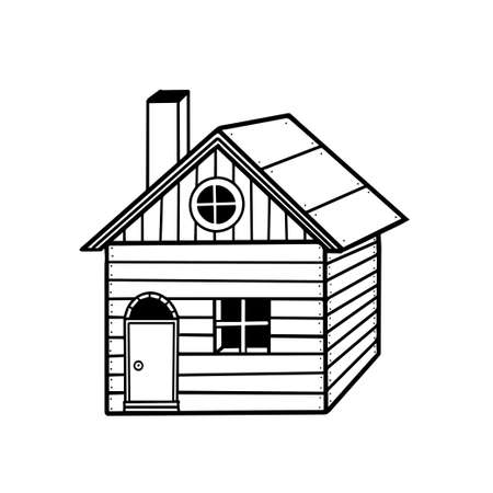 Hand drawn sweet house. Wooden house with window, door, chimney, doodle style. Vector illustration for design.のイラスト素材