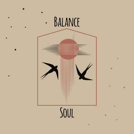 Concept Balance in soul. Flock of swallows flies to bright sun, tree, mountains, clouds. Pink background and black birds.のイラスト素材