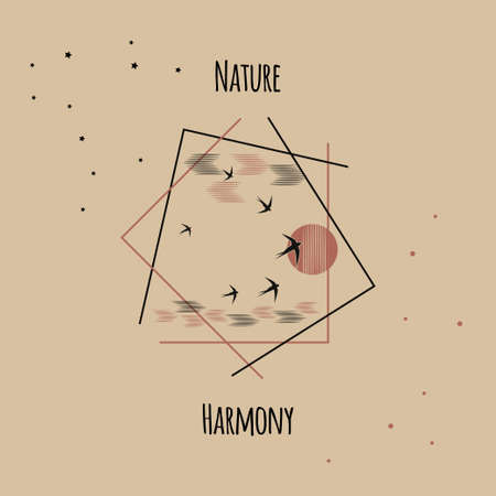 Concept Harmony in Nature. Flock of swallows flies to bright sun, clouds. Pink background and black birds. Frame for logo, text Nature, Harmony. Vector illustration for design.のイラスト素材