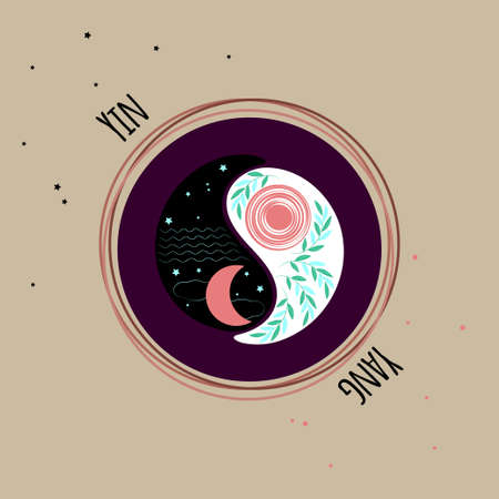 Trendy image of Yin Yang, set of items for esotericism, alchemy, magic, fortune telling, occultism. Vector drawing in outline style for design of tarot cards, social networks, groups, web page.のイラスト素材