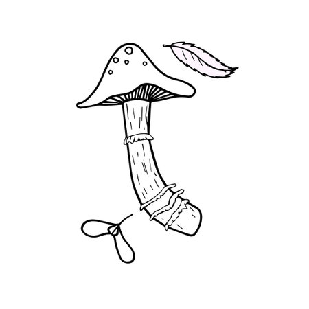 Hand drawn forest mushroom fly agaric, around decor of leaves. Vector drawing in style of doodles, on white background black outline, for design.のイラスト素材