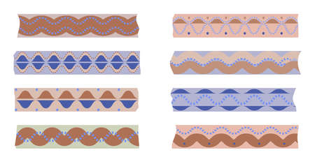 Set of ribbons, painting tapes Washi, paper. Ribbons in national folk style. Elegant tape for decorating scrapbook. Vector illustration for design, waves, dots, dotted lines.のイラスト素材