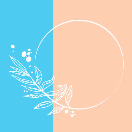 Floral round frame, wreath twig in outline style on two-tone trendy background. Vector illustration for design banner, invitation, congratulations, advertising.のイラスト素材