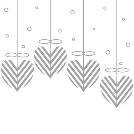 Silver hearts on strings of pendants and snowflakes on white background. Christmas and New Year banner with decor. Vector illustrations for posters, cards, sales, stories.のイラスト素材