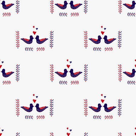 Scandinavian festive Christmas or Valentine's day decoration, decorative birds, hearts, flower decorations. Seamless vector pattern in red, blue, white for textiles, posters, decorations, banners.のイラスト素材