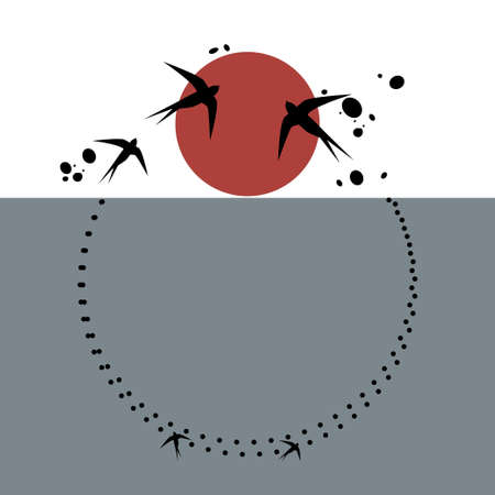 Round frame, flocks of swallows fly to sun, lightning-fast sun sets in sea. Japanese style pattern on trendy two-tone background. Vector illustration for design banner, invitation, congratulatiのイラスト素材