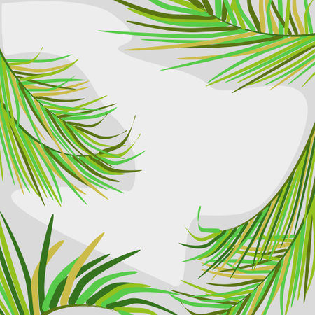 Vector background with decorative palm leaves in tropics on light background with shadow. Bright trendy green colors. For background decoration of invitations, posters, postcards, souvenirs.のイラスト素材