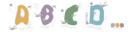 Set of hand drawn letters A, B, C, D. Flock of ducks, geese flies to moon, swim in pond among reeds. Abstract objects, spots, points, shadows. Vector illustration, birds, plants, water, pastel colors.のイラスト素材