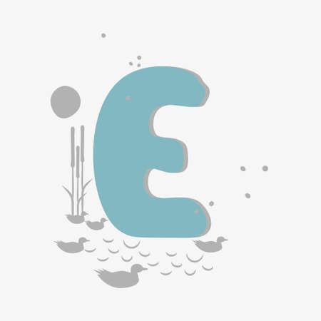 Minimalistic pattern in an oriental style in form of letter E. Flock of birds, ducks flying, reeds growing by lake. Abstract objects, spots, points, shadows. Vector illustration, for logo designのイラスト素材