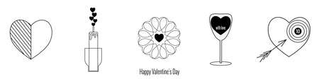 Set of romantic icons for Valentine's Day. Heart contour in glass of wine, romantic evening candle. Vector illustration for website decoration, invitation, love date.のイラスト素材