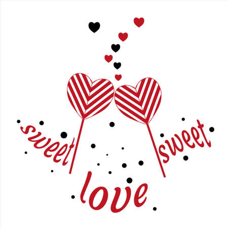Romantic banner two sweet lollipops in shape of heart, flying hearts, confetti and lettering Love. Vector illustration for congratulations, weddings, birthday, invitations.のイラスト素材