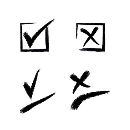 Set of check mark and cross in round, square symbol. Vote yes, no. Hand drawn grunge watercolor painting in black on white background. Vector illustration for design of questionnaire.のイラスト素材