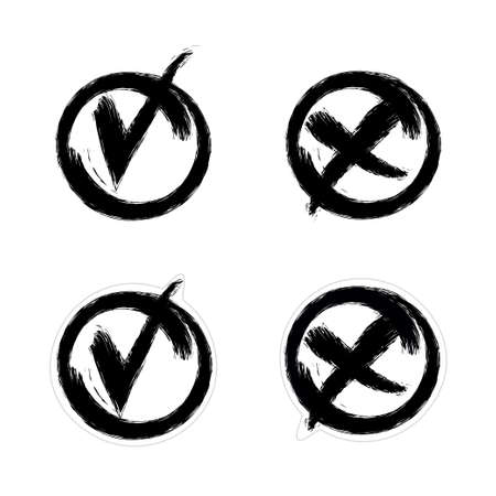 Set of check mark and cross in round symbol and sticker. Vote yes or no. Hand drawn grunge watercolor in black on white background. Vector illustration for registration of questionnaire.のイラスト素材