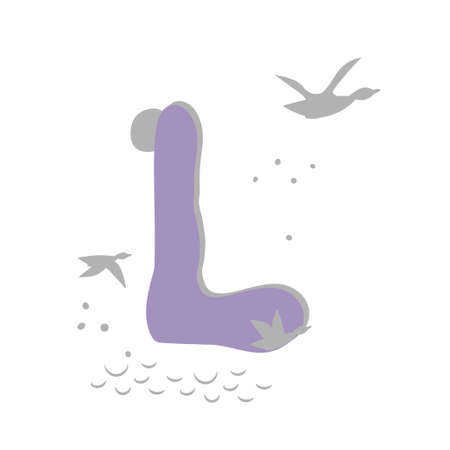 Minimalistic pattern in oriental style in form of letter L. Flock of birds, ducks are flying, sea, moon. Abstract objects, spots, points, shadows. Vector illustration, for logo design, banners.のイラスト素材