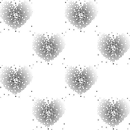 Graphic pattern of hearts, black ink dots and perforation contour in different sizes. Seamless graphic vector pattern for background design for wedding, Valentine's Day, birthday, on textiles.のイラスト素材