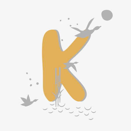 Minimalistic pattern in an oriental style in form of letter K. Flock of birds, ducks flying, reeds growing by lake. Abstract objects, spots, points, shadows. Vector illustration, for logo designのイラスト素材