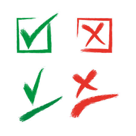 Set of check mark and cross in round, square symbol. Vote yes, no. Hand drawn grunge watercolor painting in red and green on white background. Vector illustration for design of questionnaire.のイラスト素材