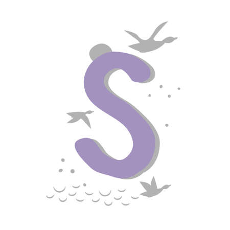 Minimalistic pattern in oriental style in form of letter S. Flock of birds, ducks are flying, sea, moon. Abstract objects, spots, points, shadows.のイラスト素材