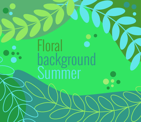 Summer floral background in simple flat style. Vector illustration template with leaves and branches, circles and drops in trendy color palette. For social networks, invitations, congratulations.のイラスト素材