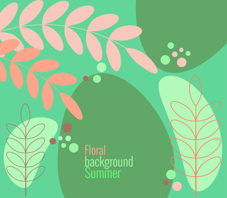 Summer floral background in simple flat style. Vector illustration template with leaves and branches, circles and drops in trendy color palette. For social networks, invitations, congratulations.のイラスト素材