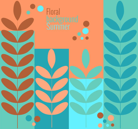 Summer floral background in simple flat style. Vector illustration template with leaves and branches, circles and drops in trendy color palette. For social networks, invitations, congratulations.のイラスト素材