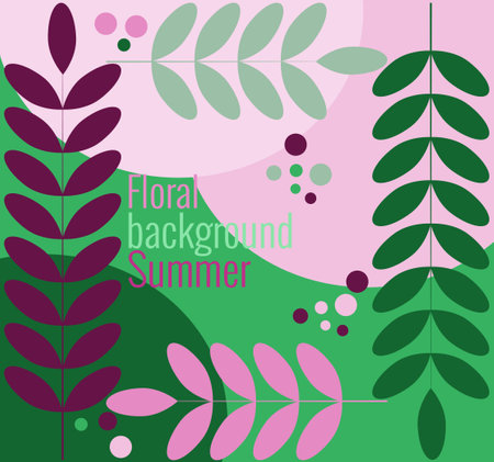 Summer floral background in simple flat style. Vector illustration template with leaves and branches, circles and drops in trendy color palette. For social networks, invitations, congratulations.のイラスト素材
