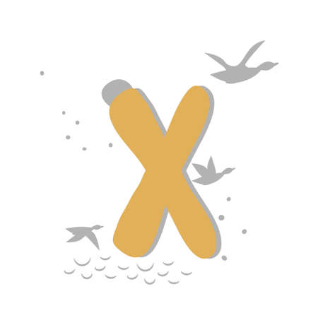 Minimalistic pattern in oriental style in form of letter X. Flock of birds, ducks are flying, sea, moon. Abstract objects, spots, points, shadows. Vector illustration, for logo design, banners.のイラスト素材