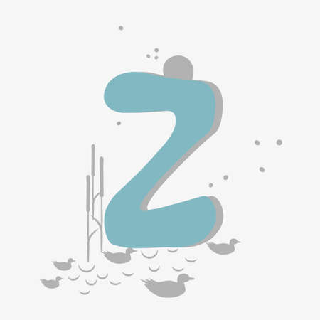 Minimalistic pattern in an oriental style in form of letter Z. Flock of birds, ducks flying, reeds growing by lake. Abstract objects, spots, points, shadows. Vector illustration, for logo designのイラスト素材