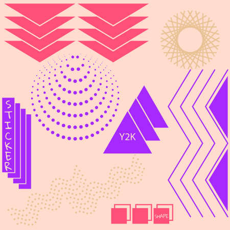 Universal set of stickers of natural phenomena in geometric shapes in Y2K concept.のイラスト素材