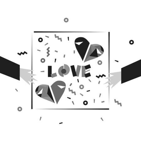Mosaic hearts, memphis background with geometric elements, helping hands hold postcard. Vector illustration for card, charity symbol, t-shirt, banner, poster, flyer, social help design element.のイラスト素材