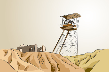 Abandoned mine with tower and ruins - Vector illustrationのイラスト素材