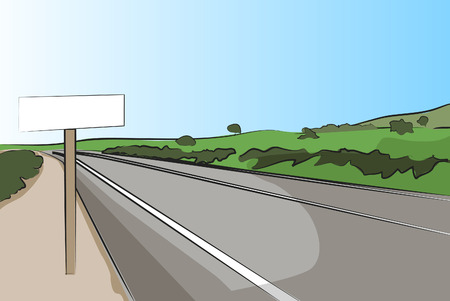 Country road with signal, mountains in the background - vector illustrationのイラスト素材