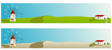 Spanish windmill with typical house of La Mancha - Vector illustration - web bannerのイラスト素材