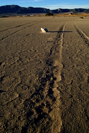 Dry salt lake - desert landscape, trace of tyres detail - Laguna de Salinas (Spain)の写真素材