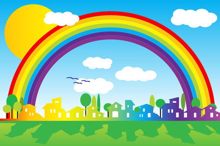 Little village silhouette with rainbow, sun and cloudsのイラスト素材