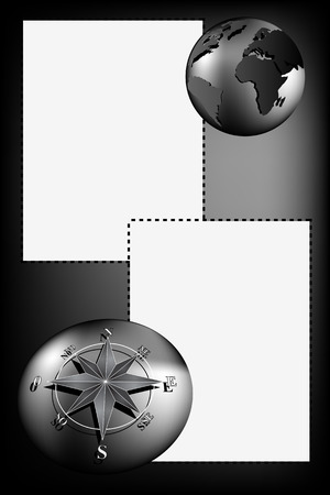 Scrapbook with map world, globe and compass rose, silver tonesのイラスト素材